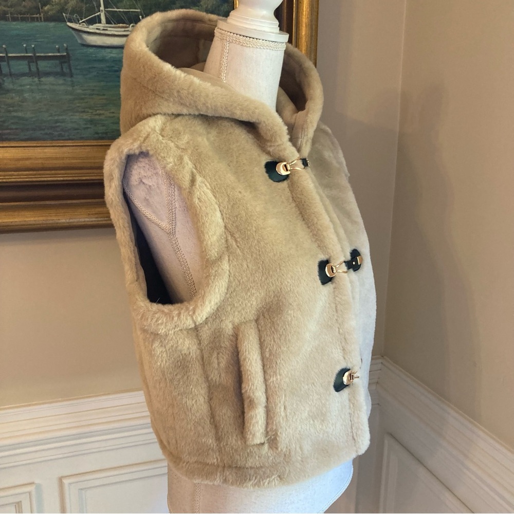 ZARA Tan Faux Shearling Fur Hooded Vest NWT - Picture 14 of 15
